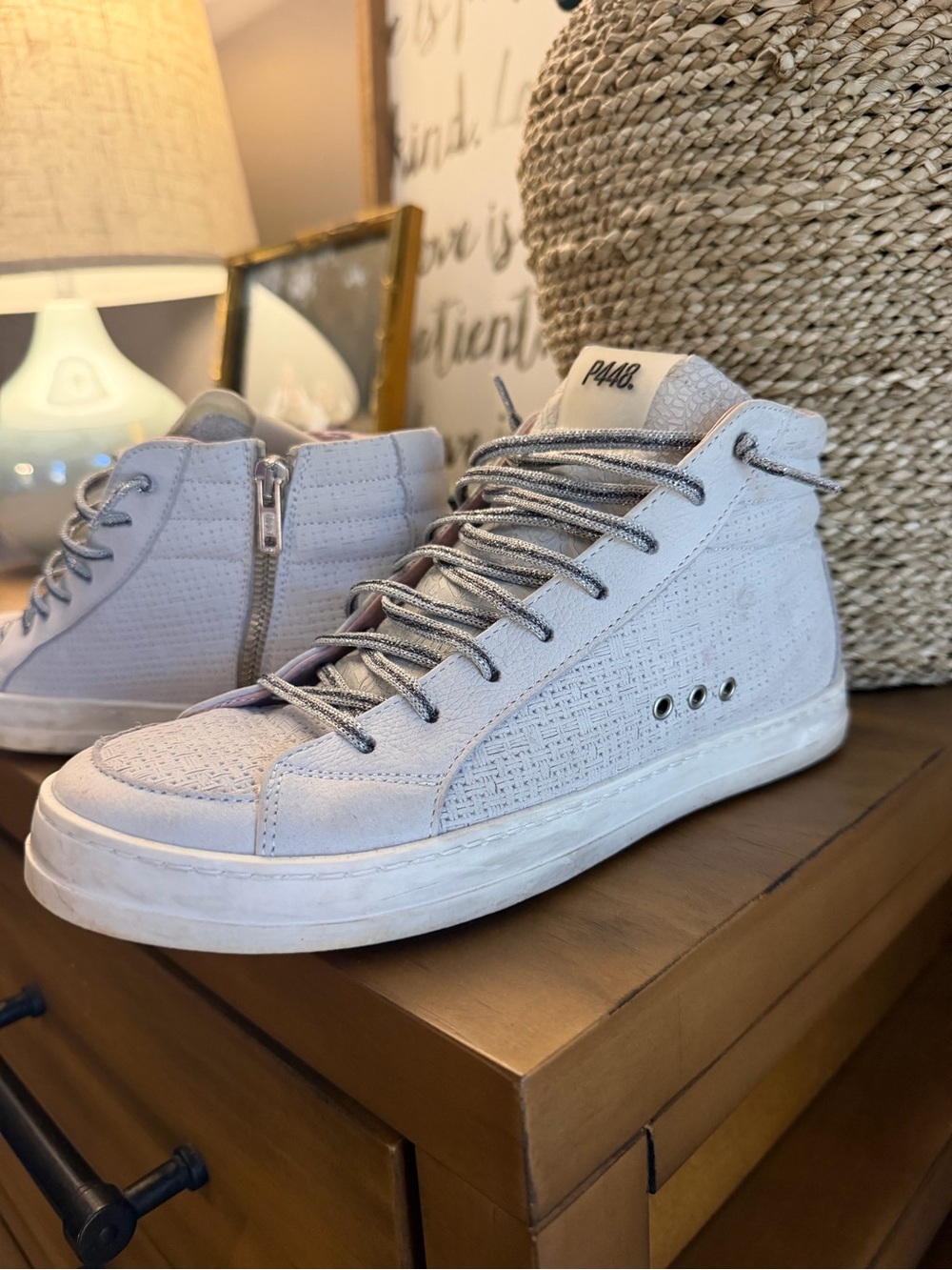 P448 Women’s High-Top Sneakers in Light Gray Suede metallic and pink